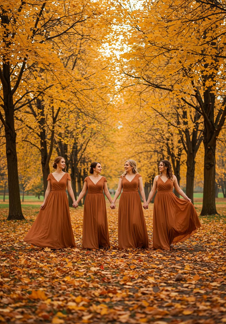 Bridesmaids walking in burnt sienna brown dresses through golden autumn maple trees
