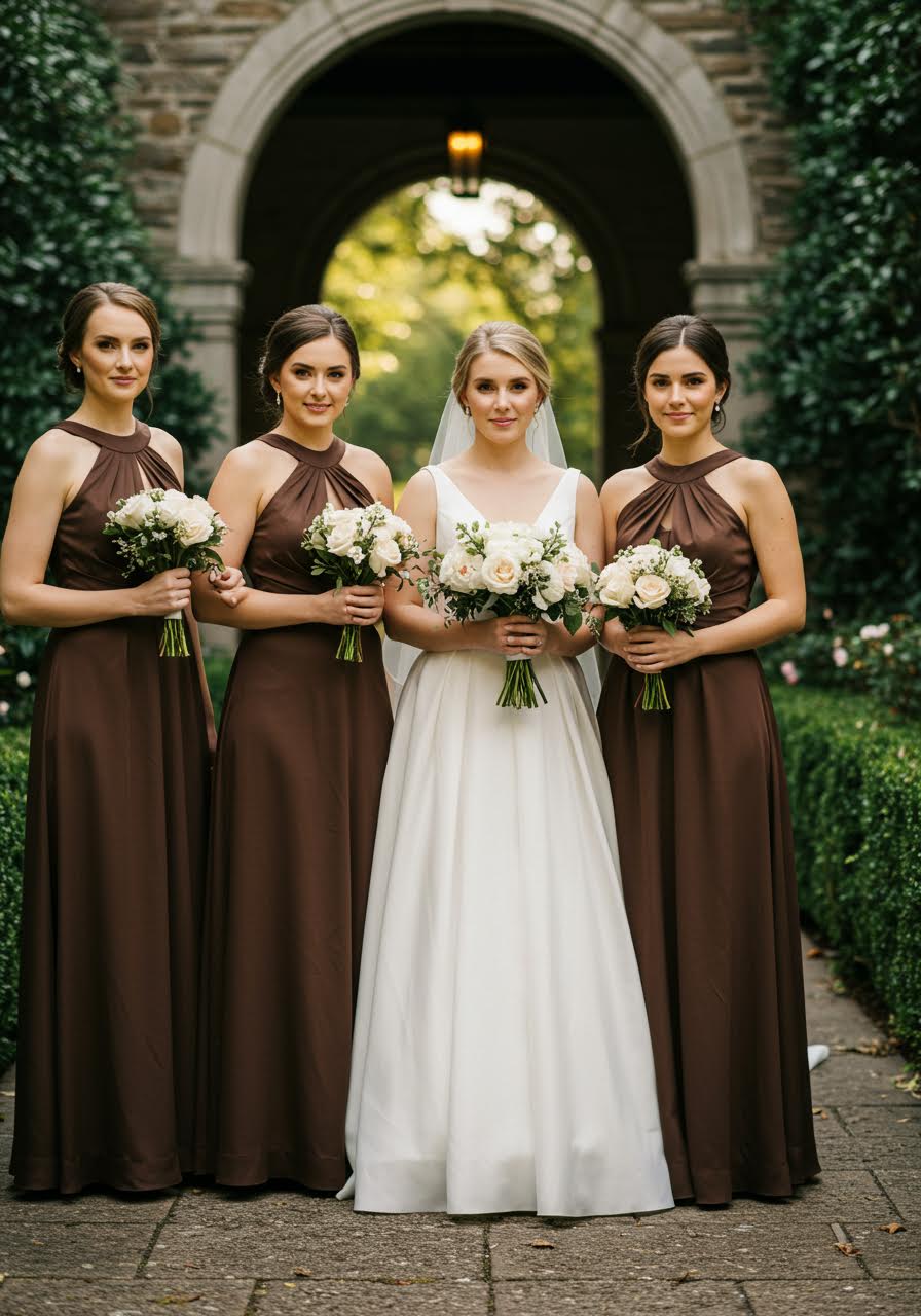 Close-up detail of chocolate brown bridesmaid dresses in romantic garden atmosphere