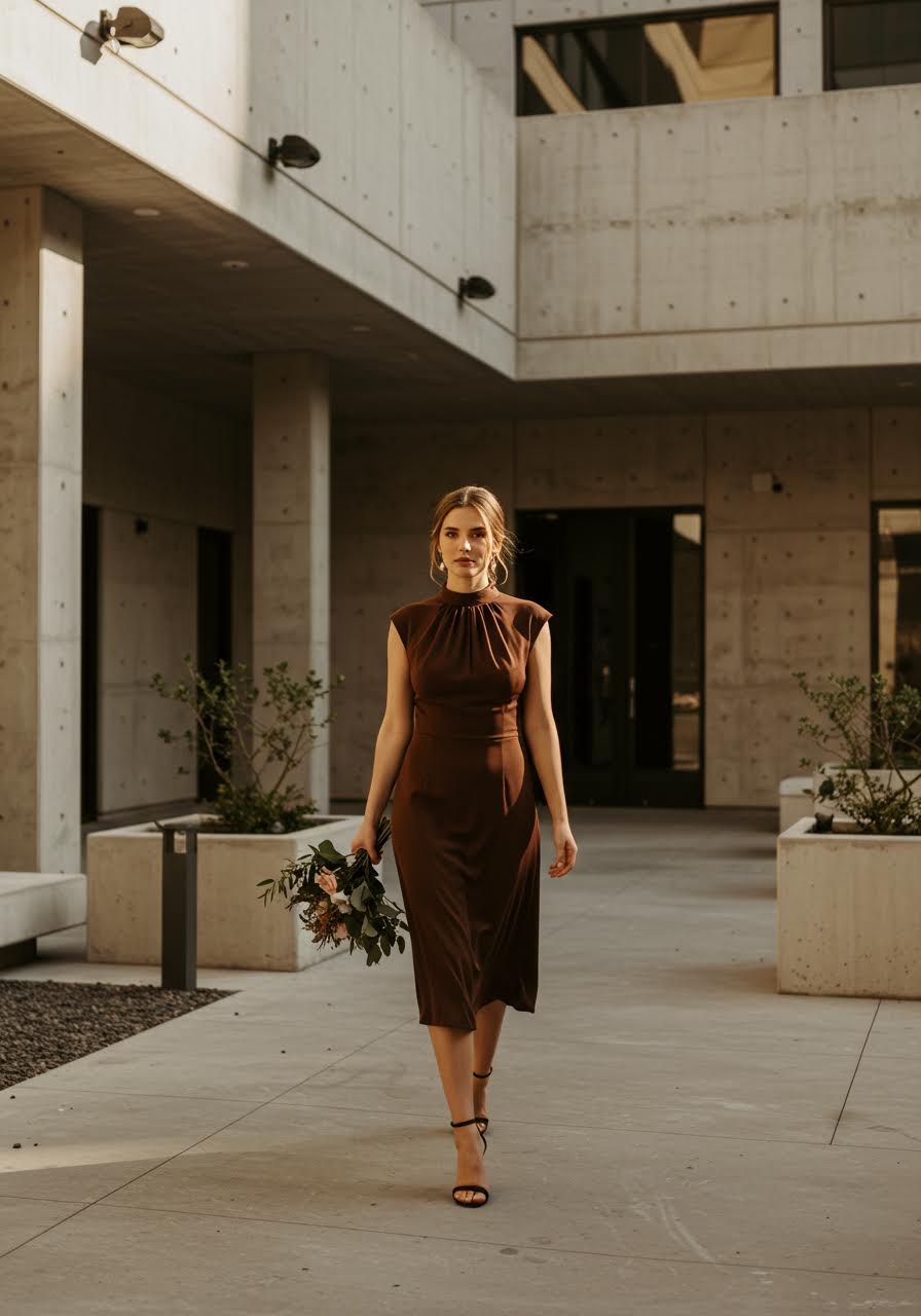 Espresso brown bridesmaid dress in modern urban courtyard setting during golden hour photography