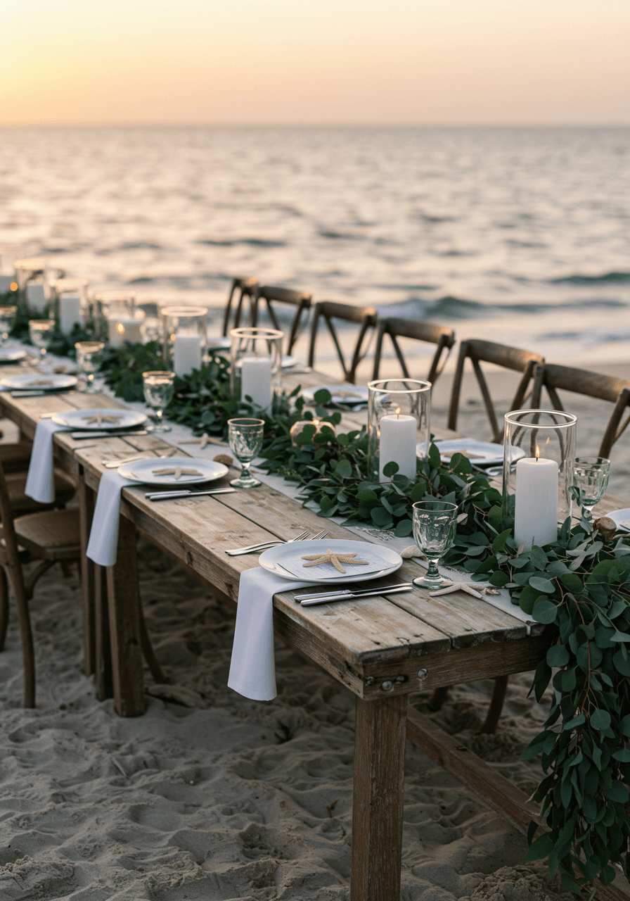 Wide view of beachside wedding table setting with flowing eucalyptus and starfish scattered on sand during golden hour