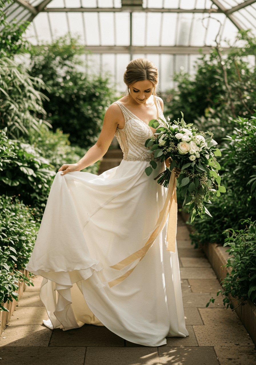 Full portrait of bride in ivory gown with gold beading holding emerald and gold bouquet in conservatory