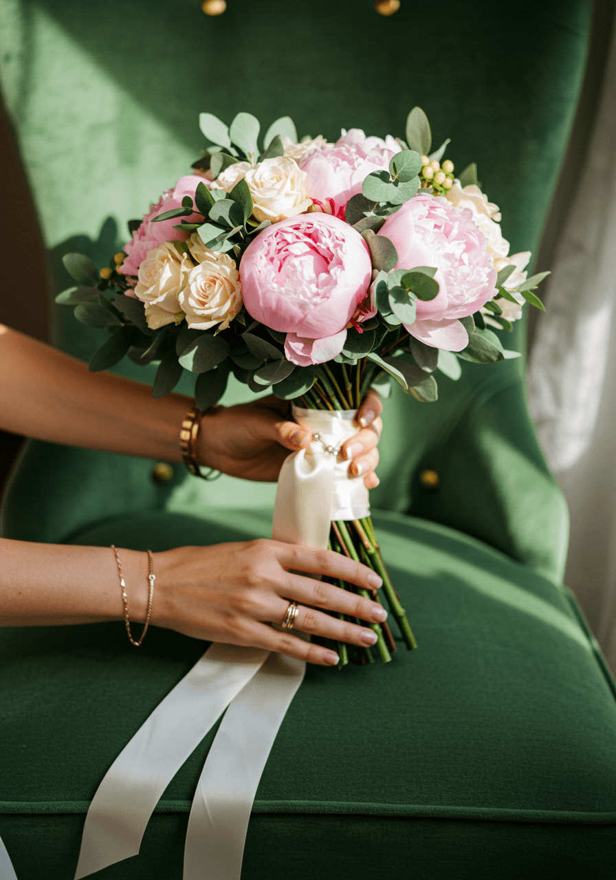 Elegant bridal bouquet with blush peonies and sage eucalyptus on luxury velvet chair with gold jewellery details