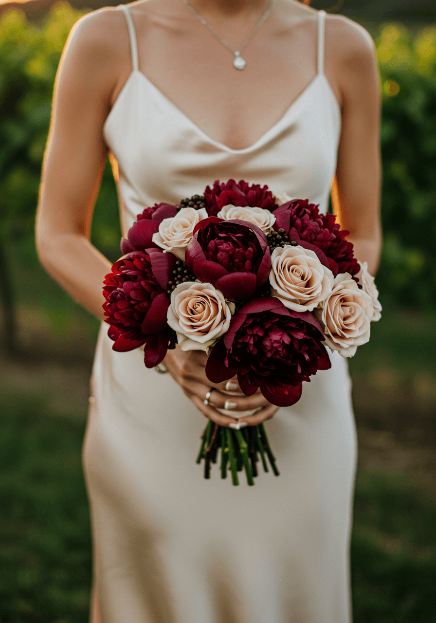 Bridal bouquet with deep burgundy peonies and champagne roses against ivory silk dress in vineyard setting