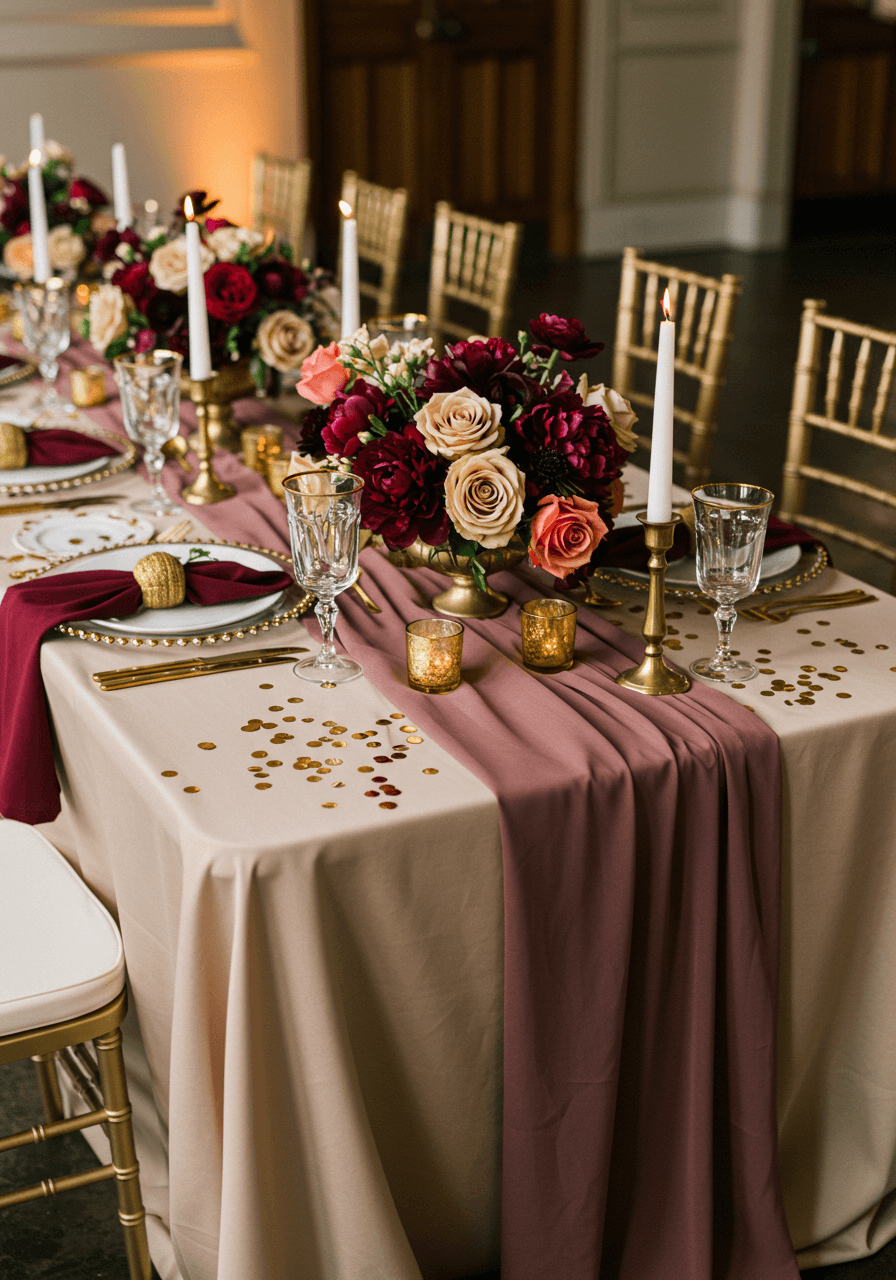 Wide view of elegant champagne and burgundy wedding reception tablescape with crystal glassware and candles