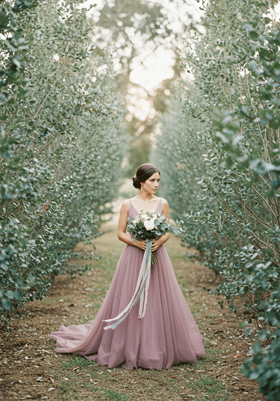 Bride in dusty rose silk gown with eucalyptus ribbon details standing gracefully among tall eucalyptus trees