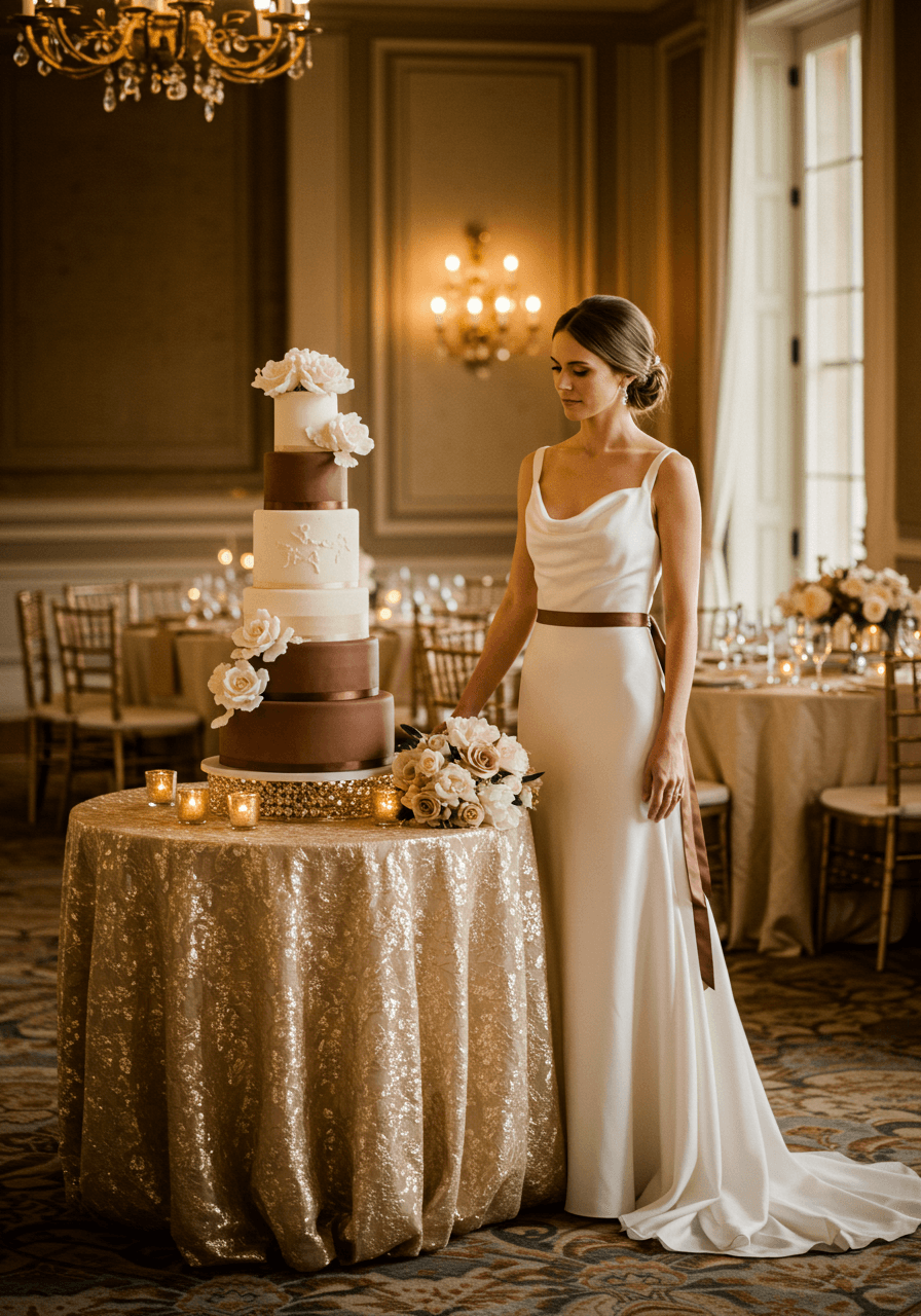 Elegant bride beside mocha brown fondant wedding cake with ivory sugar flowers in upscale reception venue