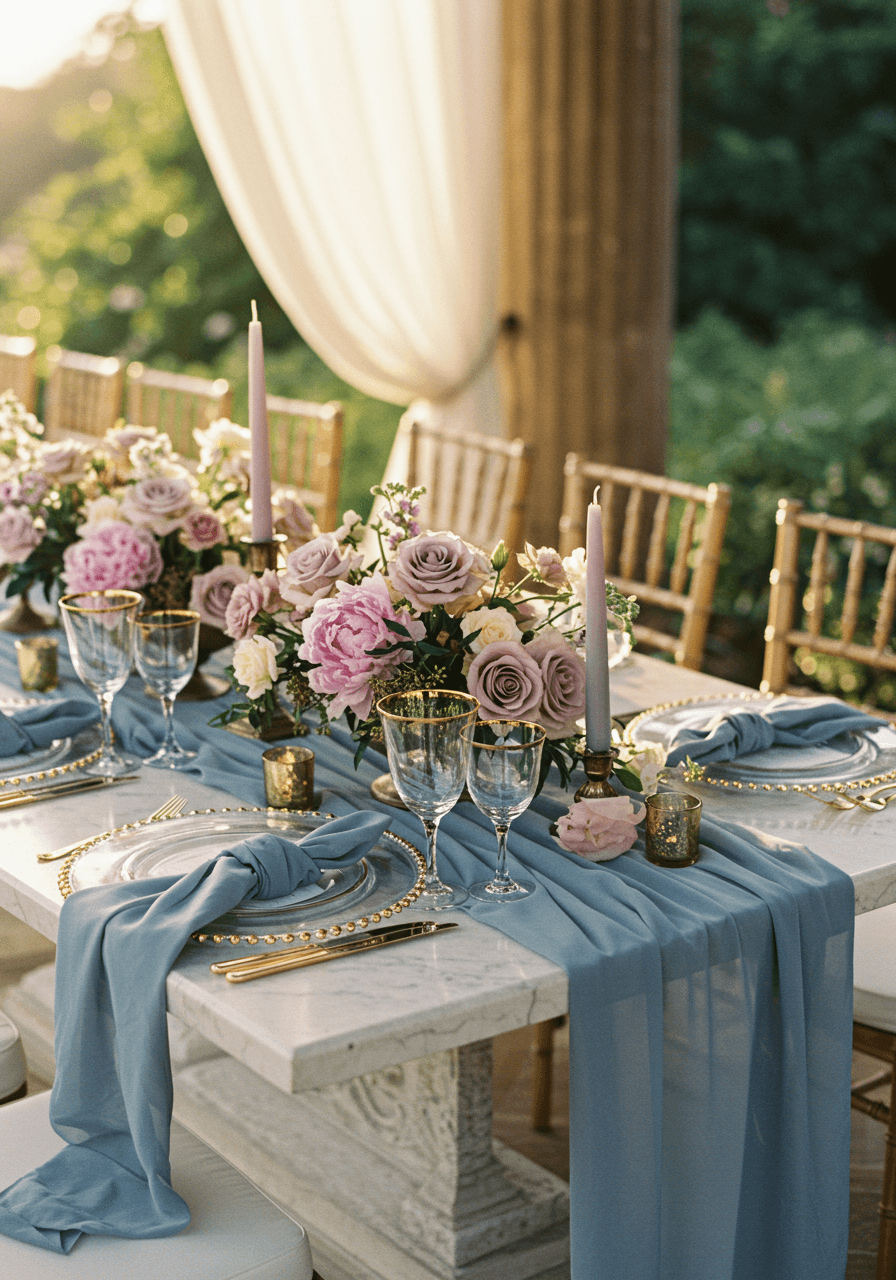 Elegant wedding tablescape with dusty blue silk runner and mauve floral centrepieces on marble table in garden pavilion