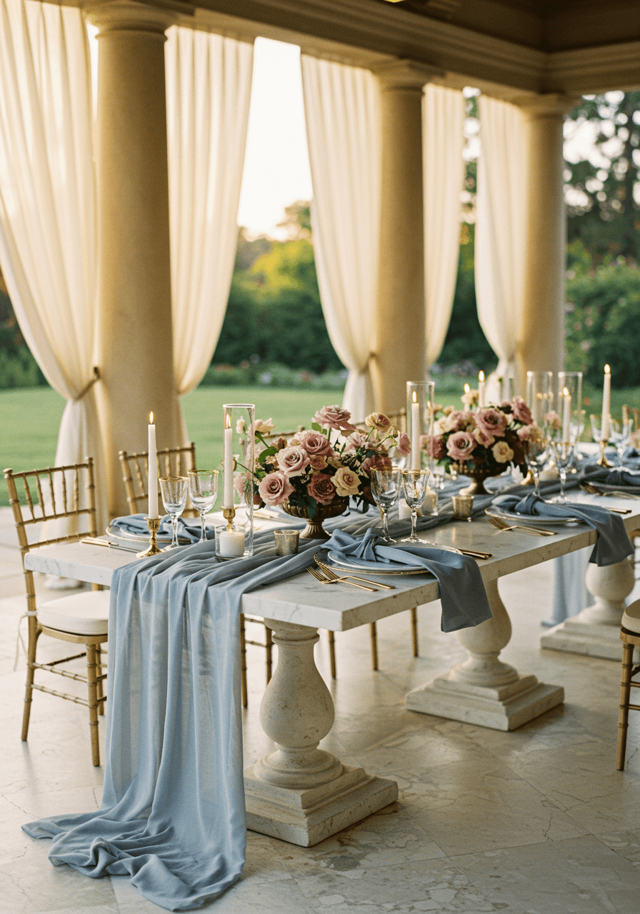Wide view of luxurious garden pavilion wedding tablescape with dusty blue and mauve colour palette