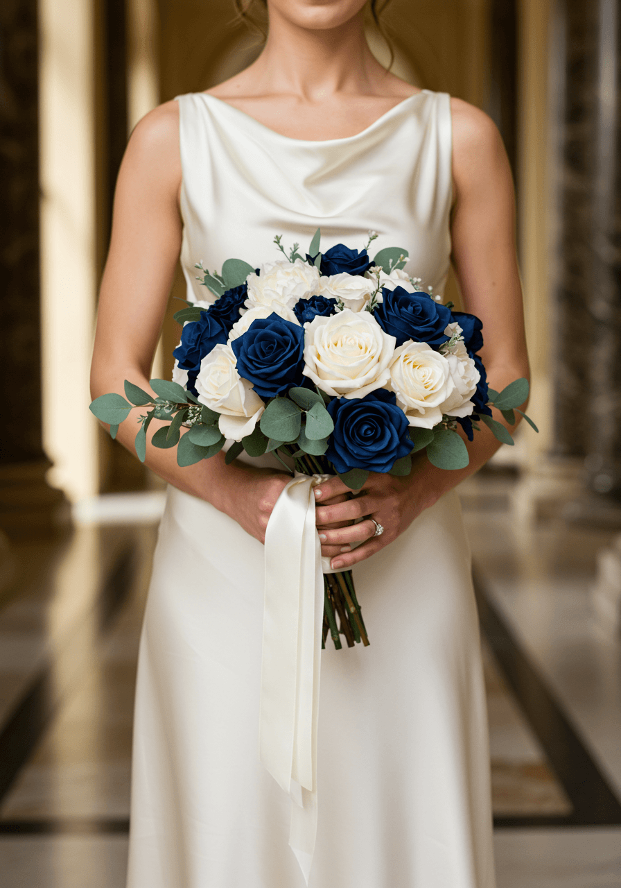Elegant bridal bouquet with deep navy roses and ivory peonies with pearl accents in marble ballroom setting