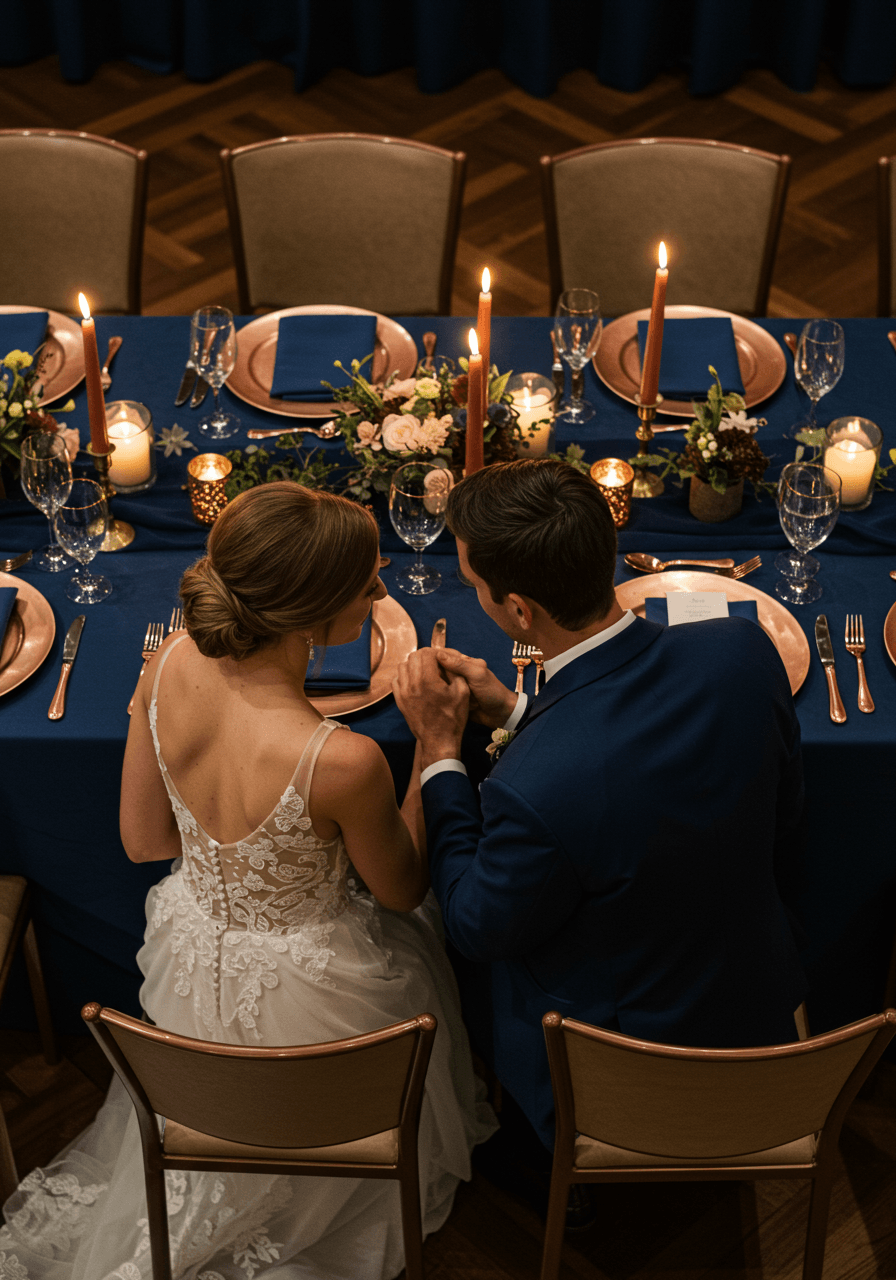Intimate moment of bride and groom at midnight blue reception table with copper accents and candlelight