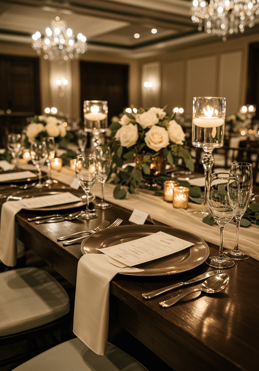 Luxury mocha and ivory wedding tablescape with crystal chandeliers in elegant ballroom setting
