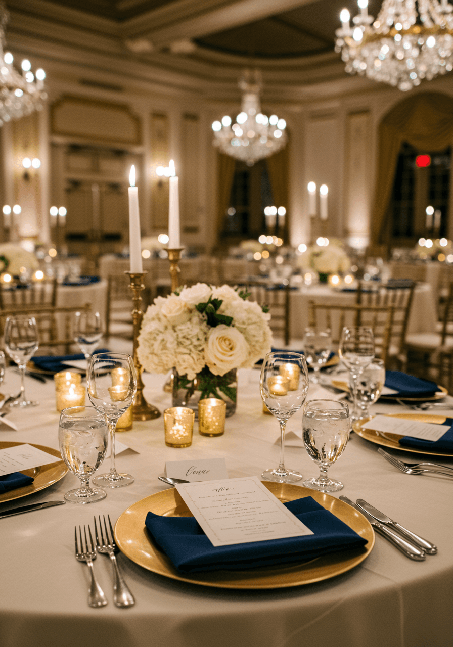 Elegant ballroom wedding tablescape with navy napkins, gold charger plates, and crystal chandeliers
