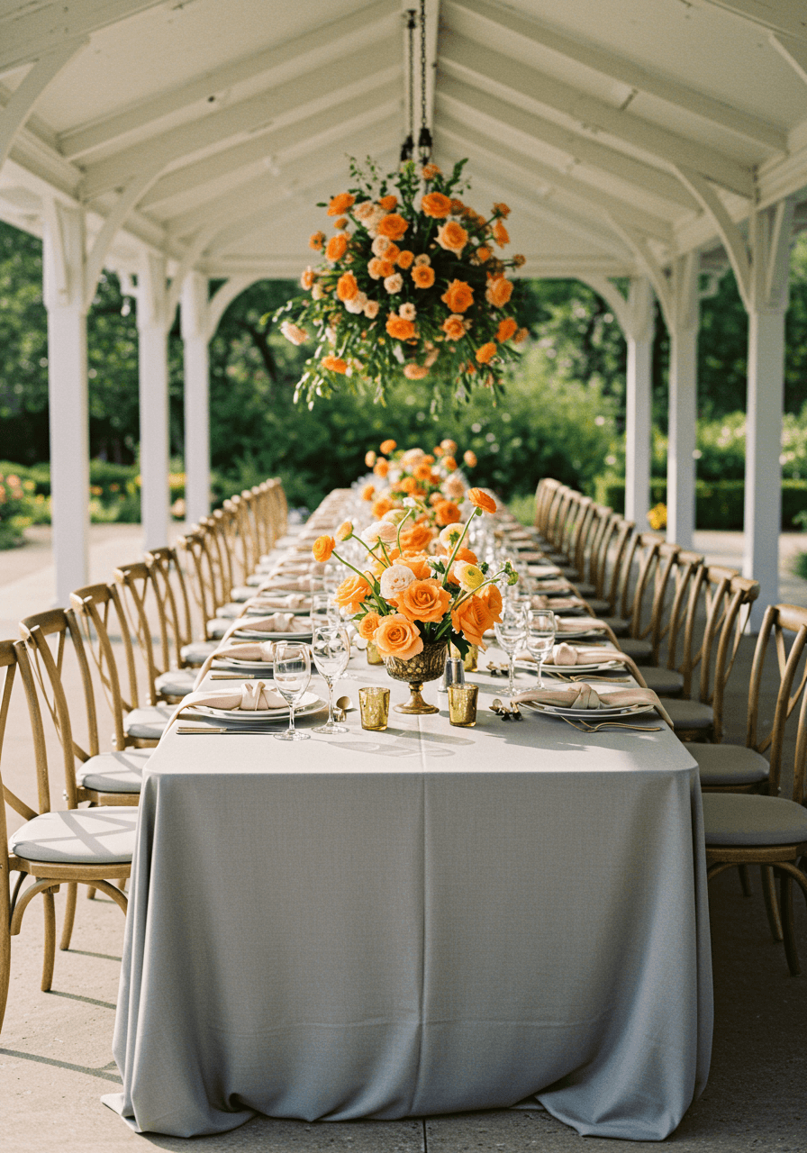 Wide view of luxury pavilion wedding reception with gray linens and peach floral centrepieces