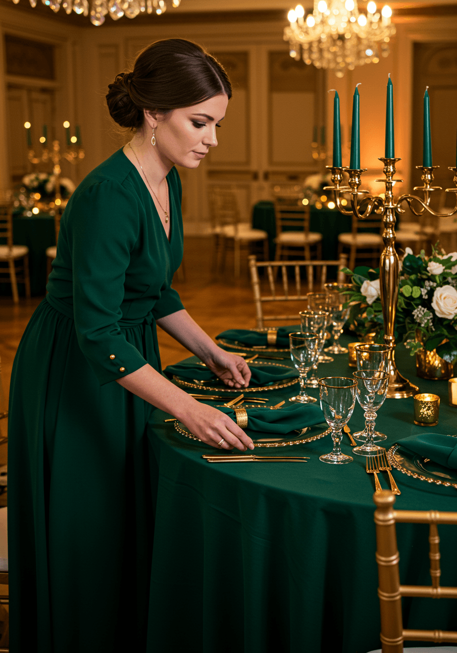Luxury emerald and gold wedding tablescape with crystal chandeliers and gold candelabras in upscale ballroom