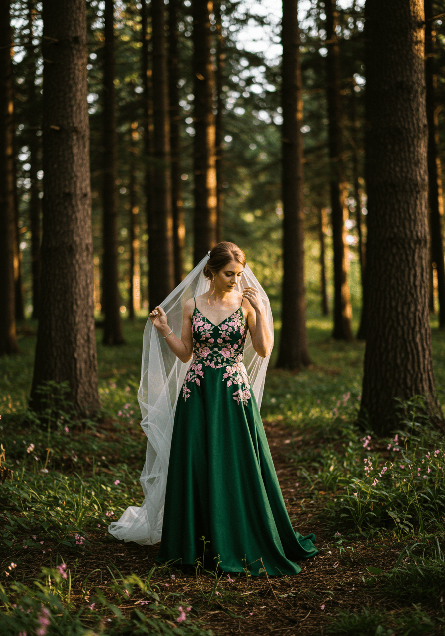 Bride in forest green silk wedding dress with blush embroidery in sun-dappled woodland clearing