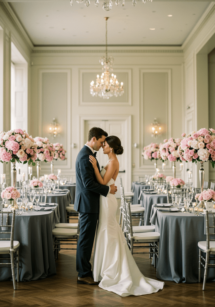 Romantic ballroom wedding embrace with soft pink florals and charcoal gray linens during golden hour