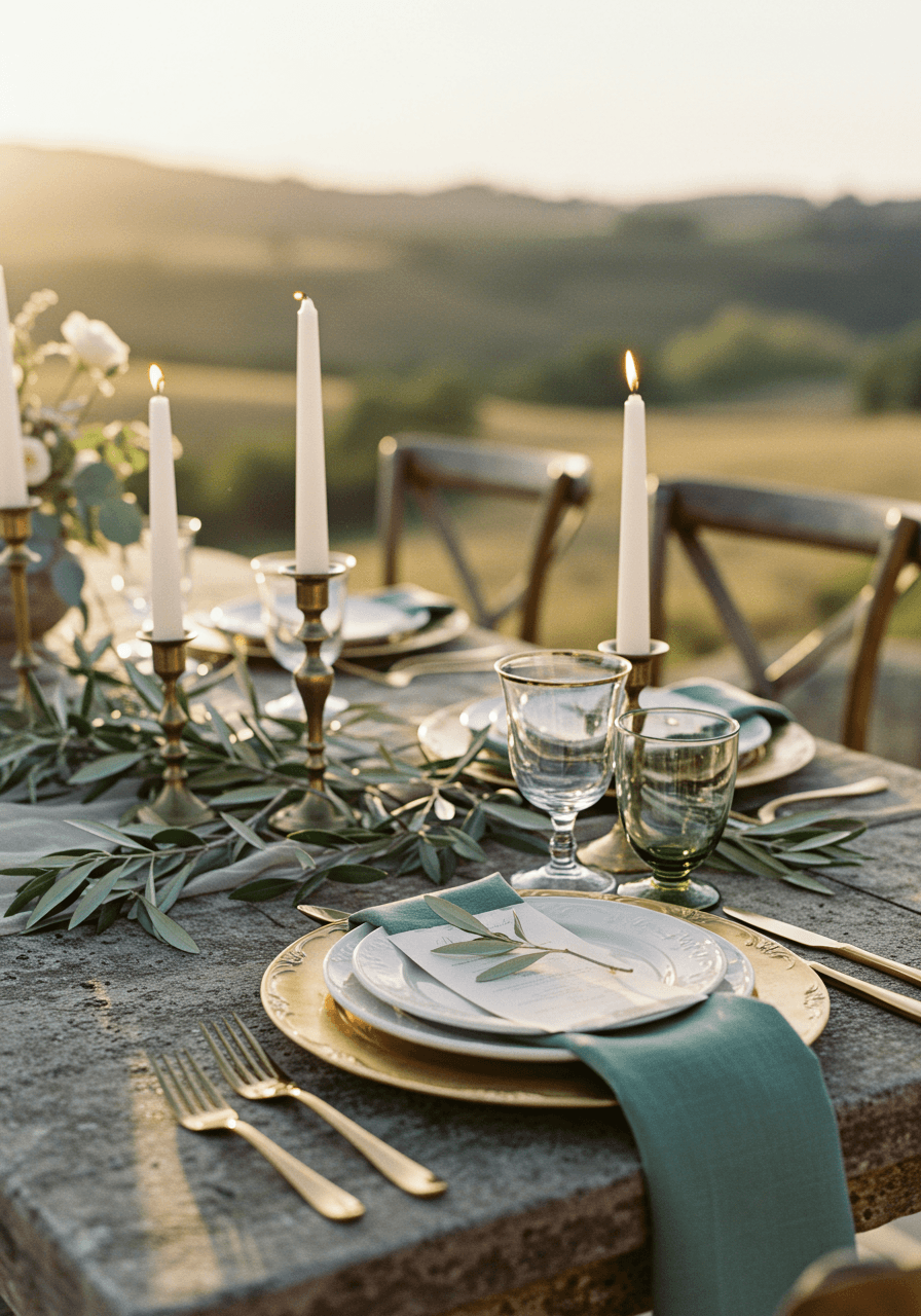 Elegant wedding tablescape with sage napkins and brass charger plates on stone terrace during golden hour
