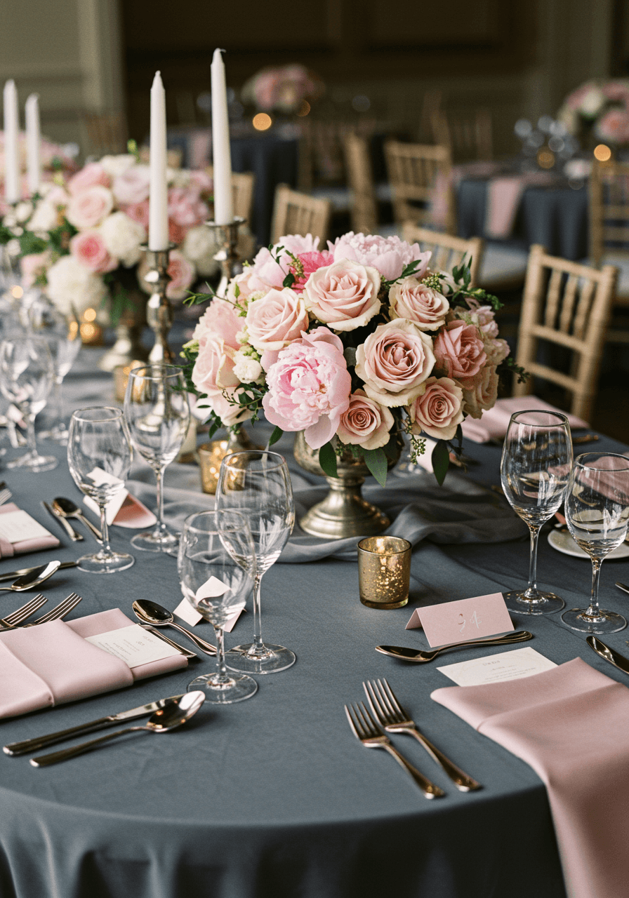 Luxury wedding reception tablescape with soft pink roses, charcoal runners, and rose gold flatware