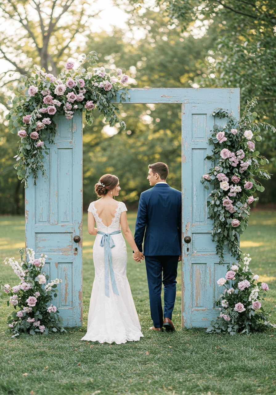 Bride and groom walking through vintage dusty blue door frame surrounded by cascading mauve roses and eucalyptus