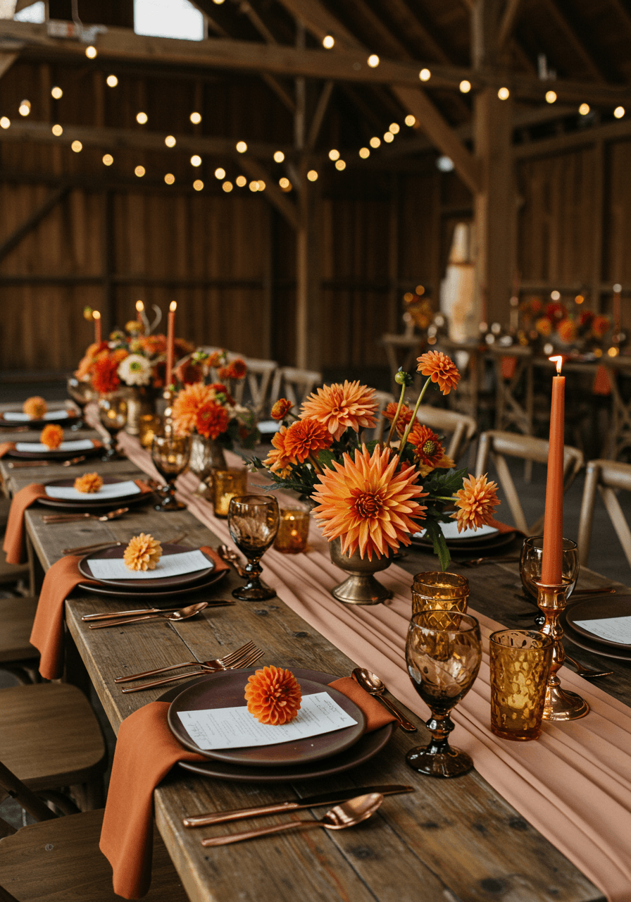 Wide view of elegant barn wedding reception with rust and taupe colour palette and ambient lighting
