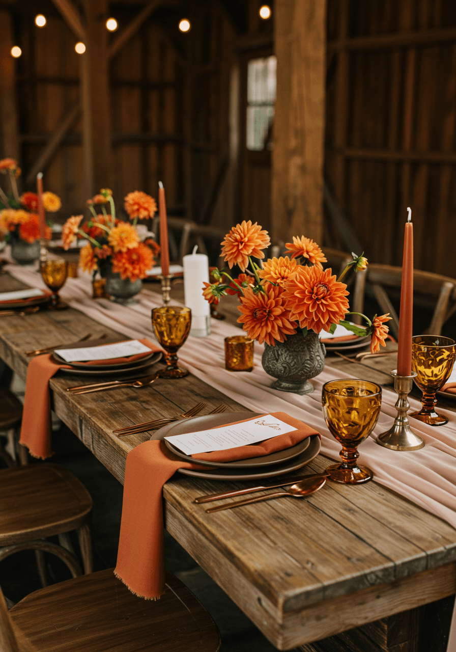 Luxurious rustic barn wedding tablescape with taupe runners, rust napkins, and copper flatware under string lights