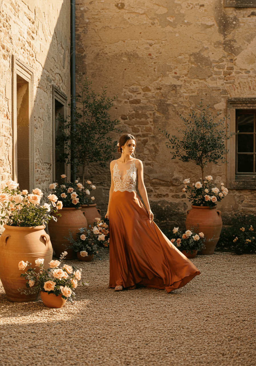 Bride in flowing terracotta silk dress with cream lace details in Mediterranean garden courtyard