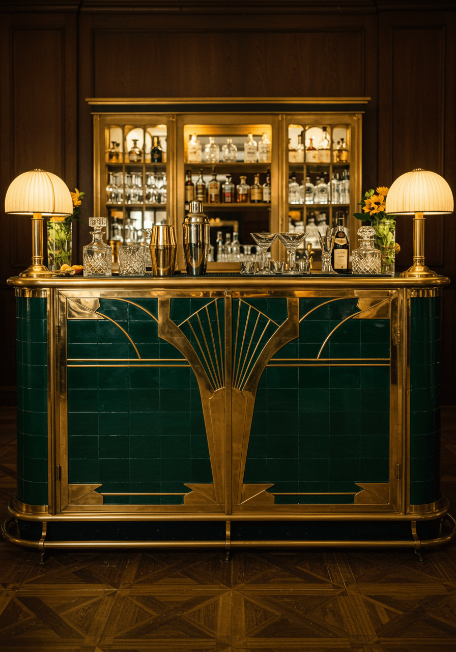 Vintage brass-fronted bar with ornate Art Deco patterns serving classic cocktails in elegant reception venue