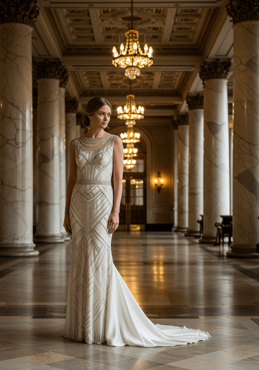Bride in geometric Art Deco beaded wedding gown positioned among marble columns in luxurious ballroom