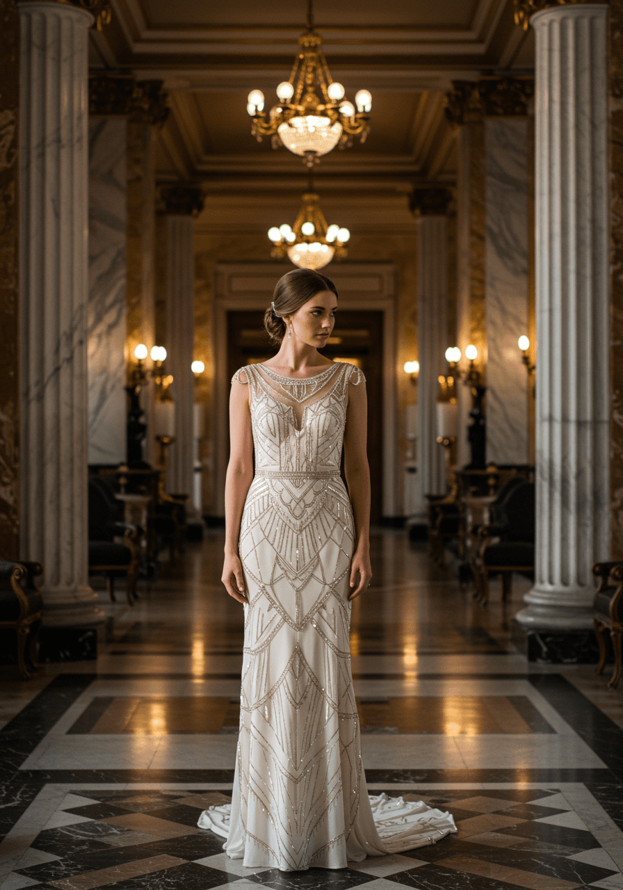 Bride in form-fitting silk sheath wedding gown with intricate geometric Art Deco beading in marble ballroom