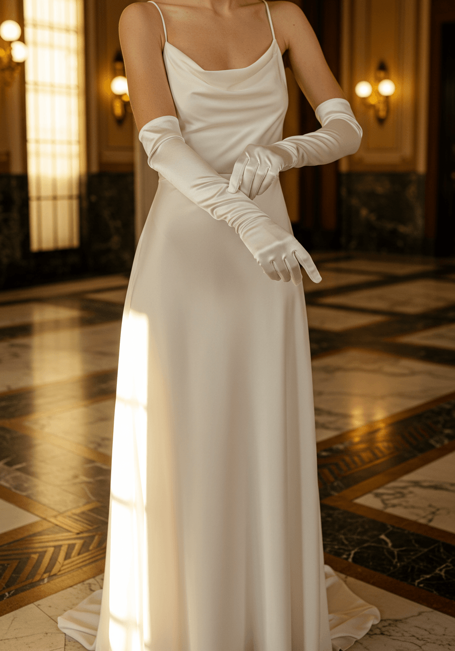 Full-length portrait of bride wearing clean-lined gown and luxurious opera gloves in golden light