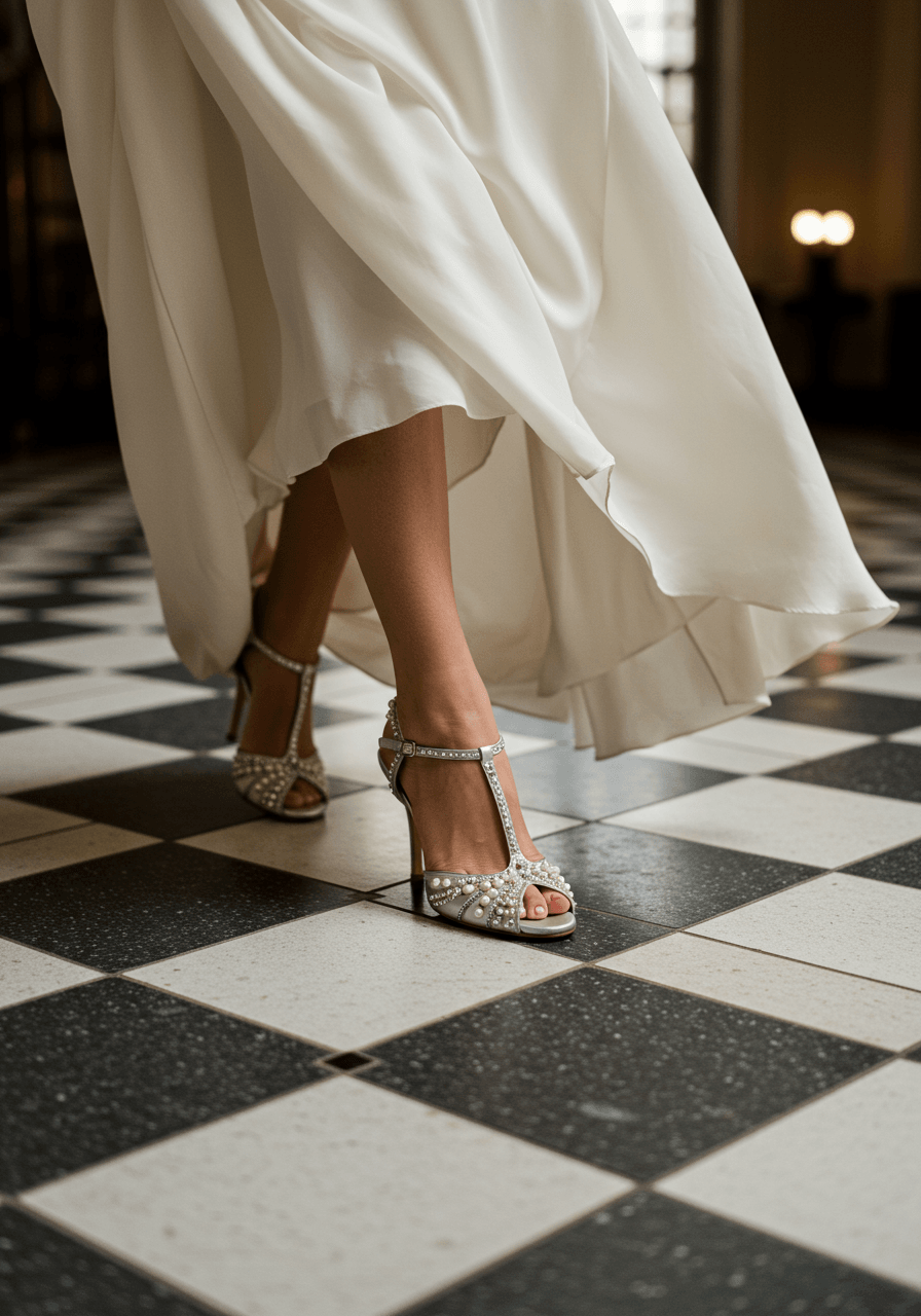 Bride walking in silver metallic T-strap heels with pearl embellishments on geometric patterned floor
