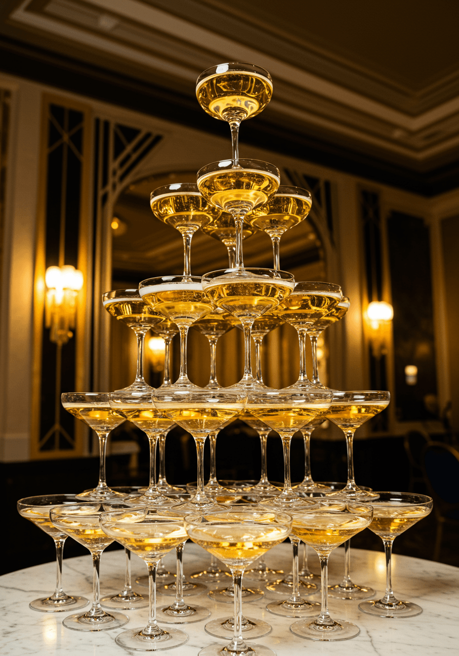 Multi-tiered champagne tower arranged in pyramid formation with crystal glasses in elegant reception setting