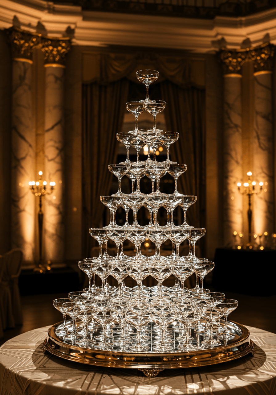 Magnificent pyramid-shaped champagne tower with vintage crystal glasses in Art Deco ballroom setting