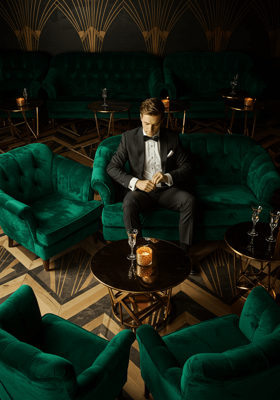 Woman in beaded cocktail dress with martini glass seated on emerald velvet chesterfield sofa