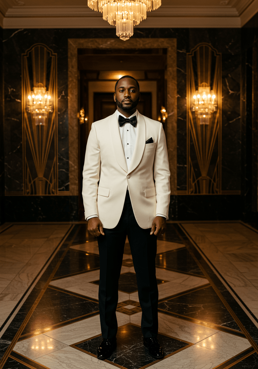 Groom in white dinner jacket and black bow tie standing confidently in Art Deco ballroom with geometric gold patterns