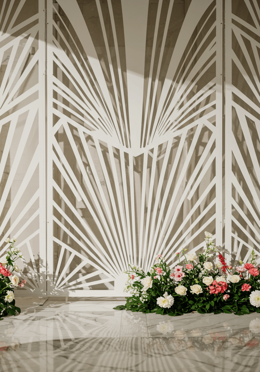 White laser-cut geometric screen featuring bold Art Deco zigzag and fan patterns in ballroom venue