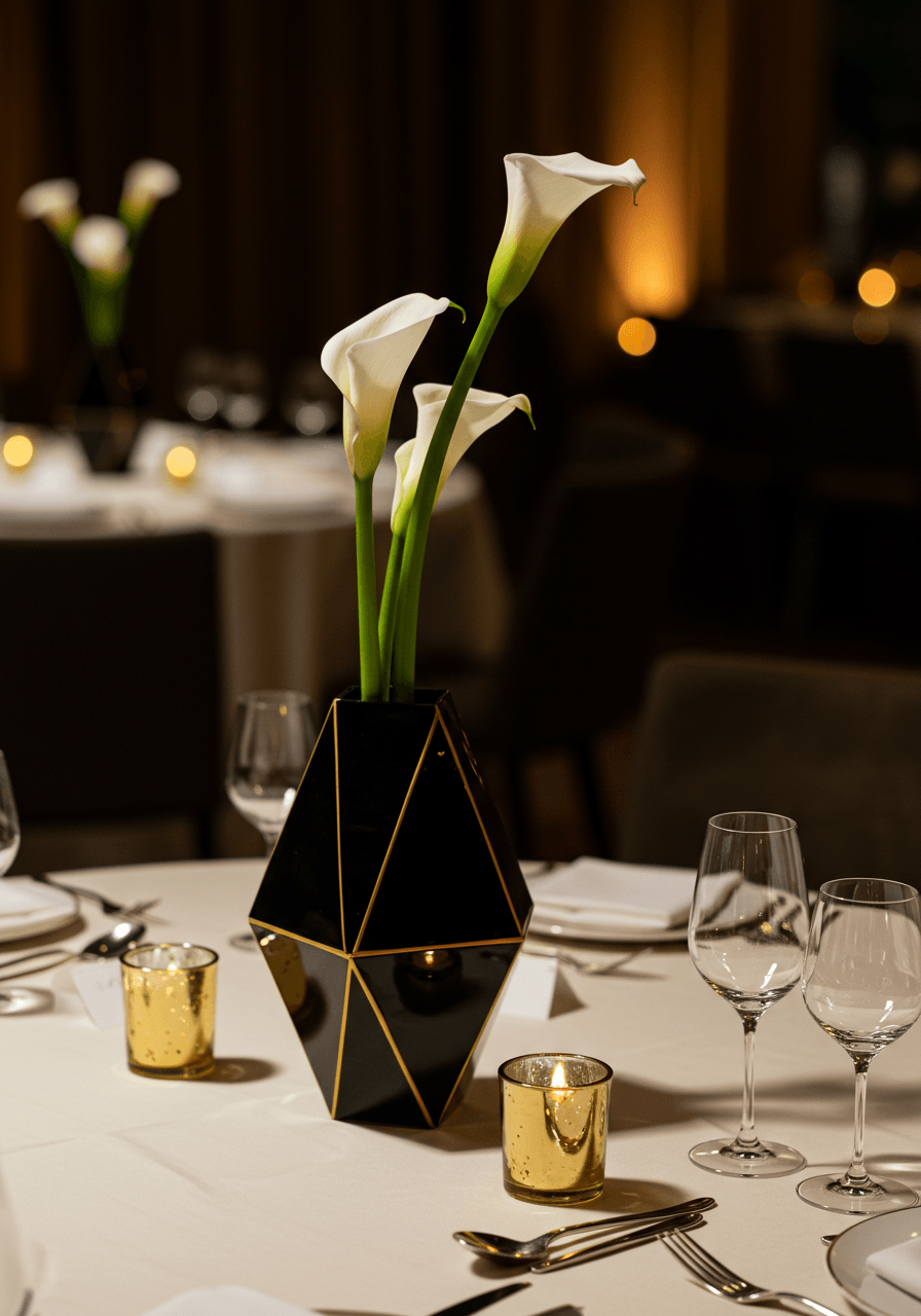 Single white calla lily in sleek black geometric vase on round reception table in Art Deco dining room