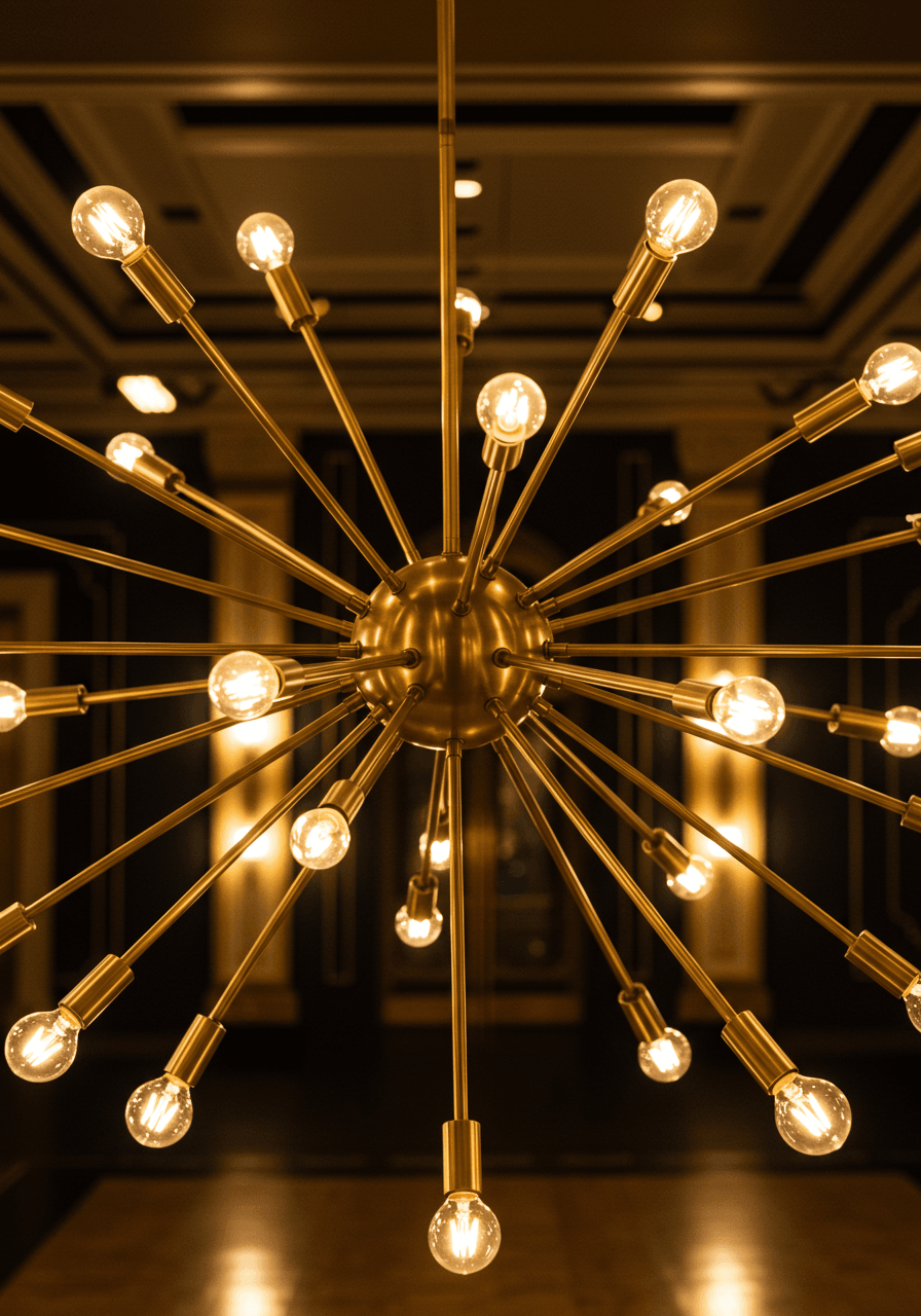 Statement geometric chandelier with multiple brass spokes creating dramatic lighting over ballroom dance floor