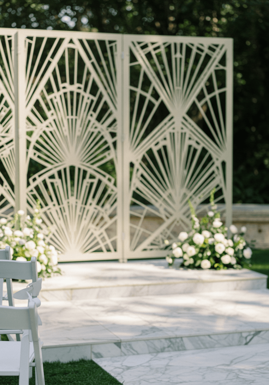 Laser-cut geometric metal screen with Art Deco patterns positioned as elegant ceremony backdrop