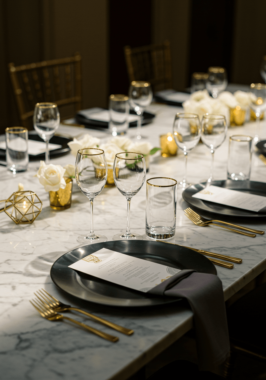 Close-up of refined place settings featuring black chargers and gold-rimmed wine glasses in upscale venue