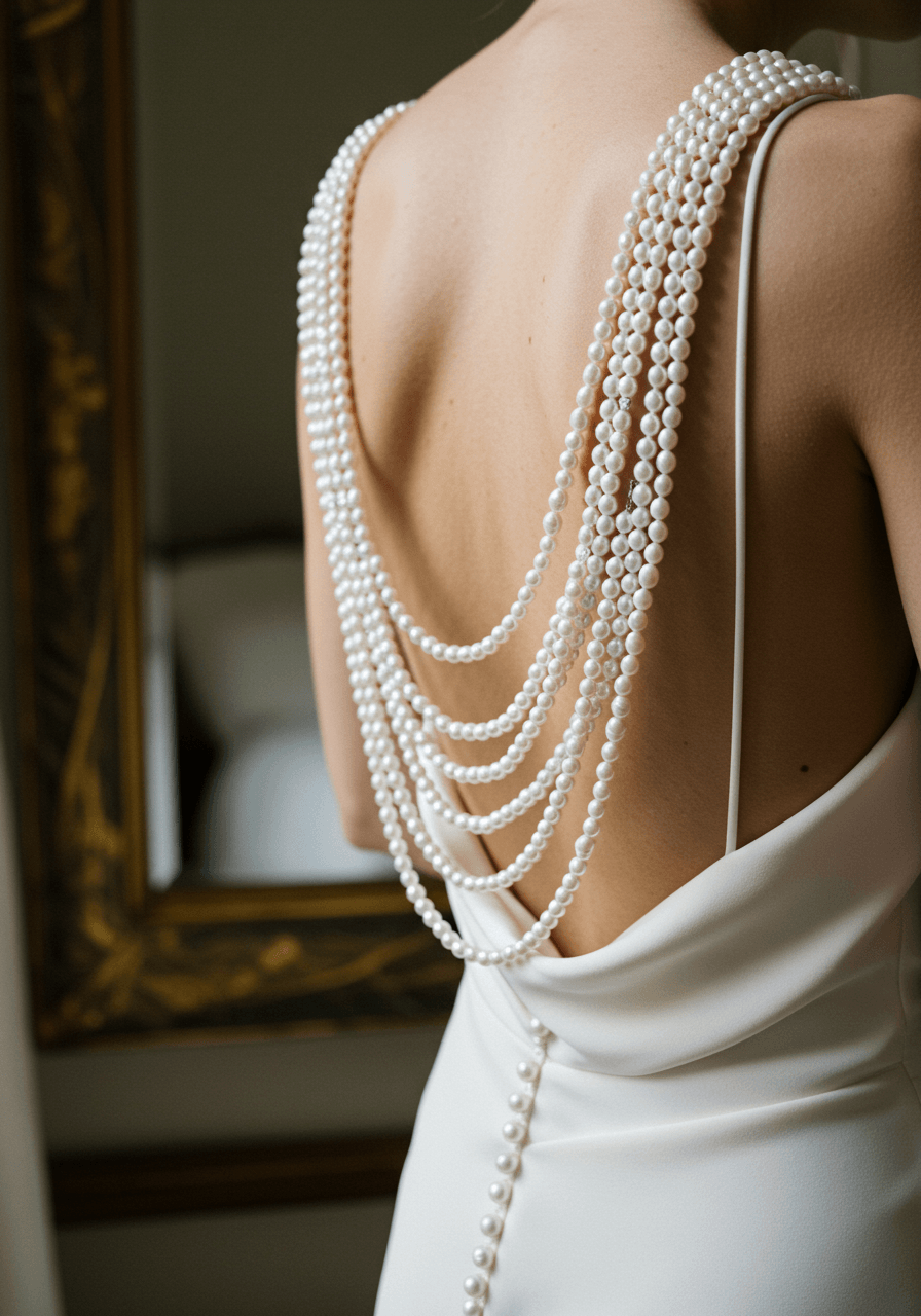 Close-up detail of bride's cowl back wedding dress with multiple strands of graduated pearls