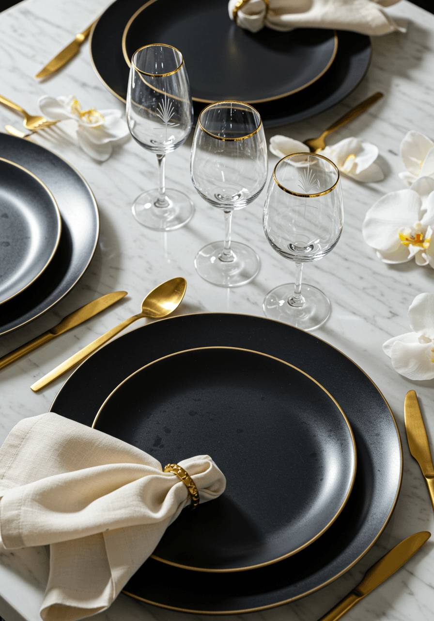 Three matte black charger plates with gold-rimmed crystal glassware arranged on white marble table surface