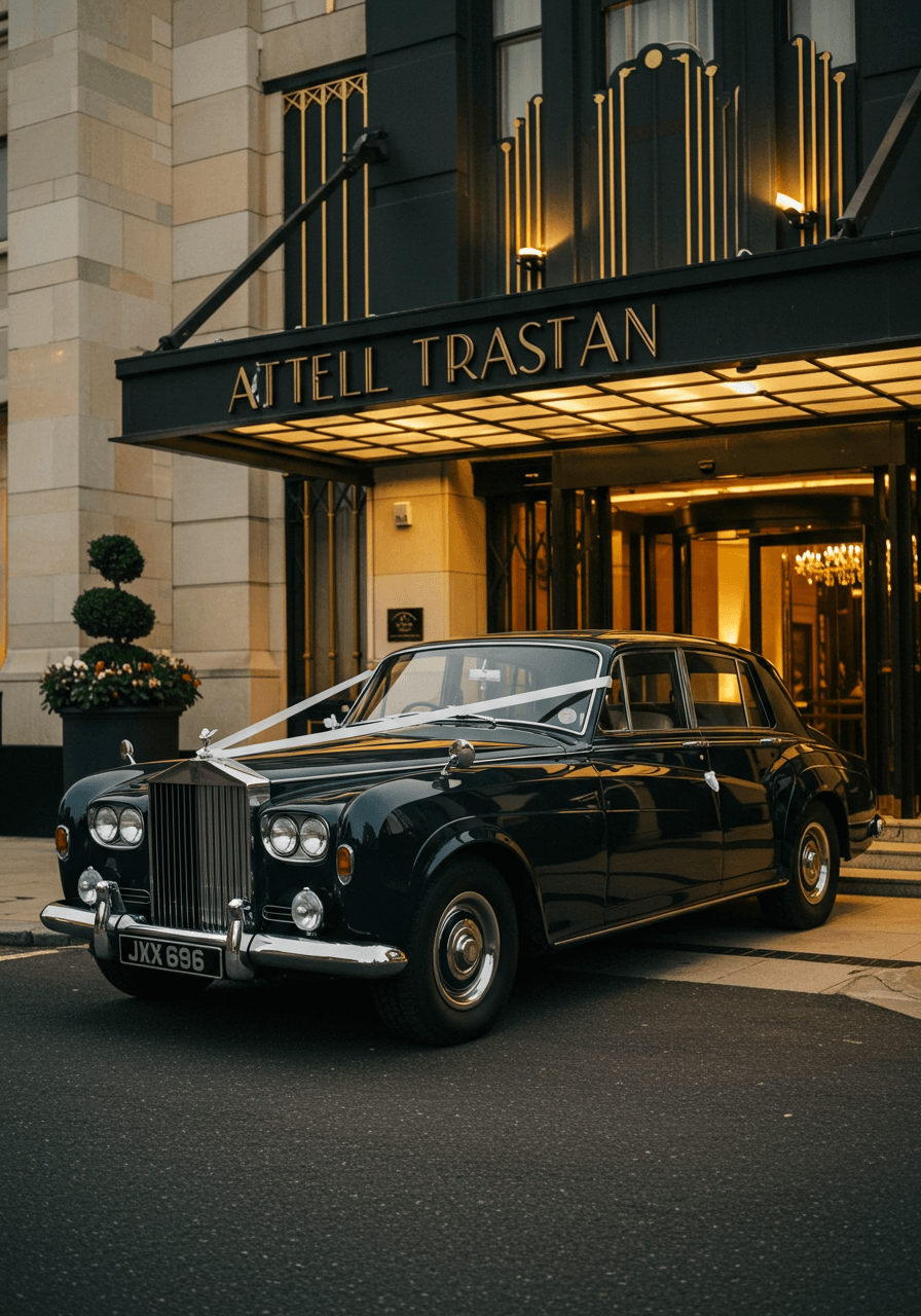 Vintage Rolls Royce Phantom with chrome details and white ribbons parked outside Art Deco hotel entrance