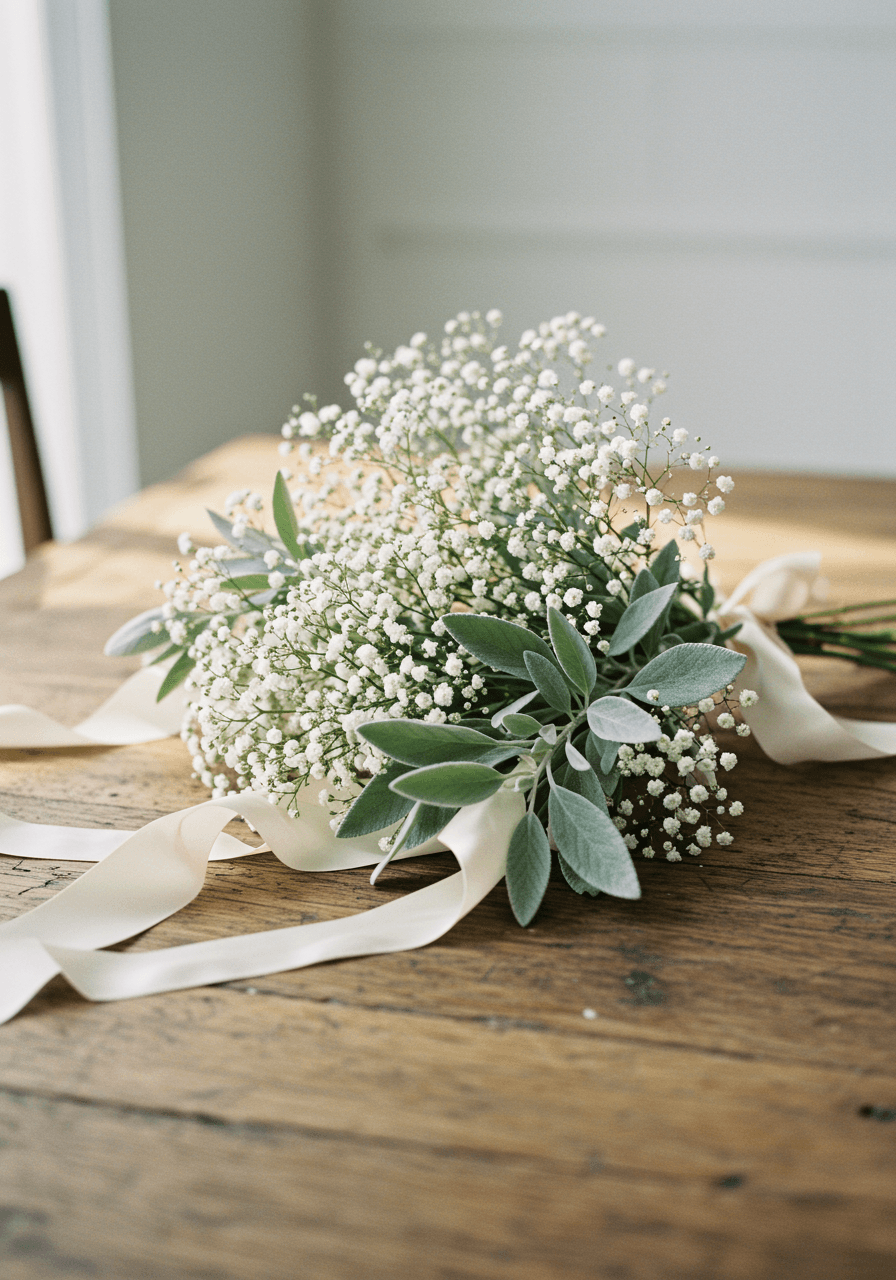 Overhead view of baby's breath and eucalyptus arrangement on wooden table with ribbon
