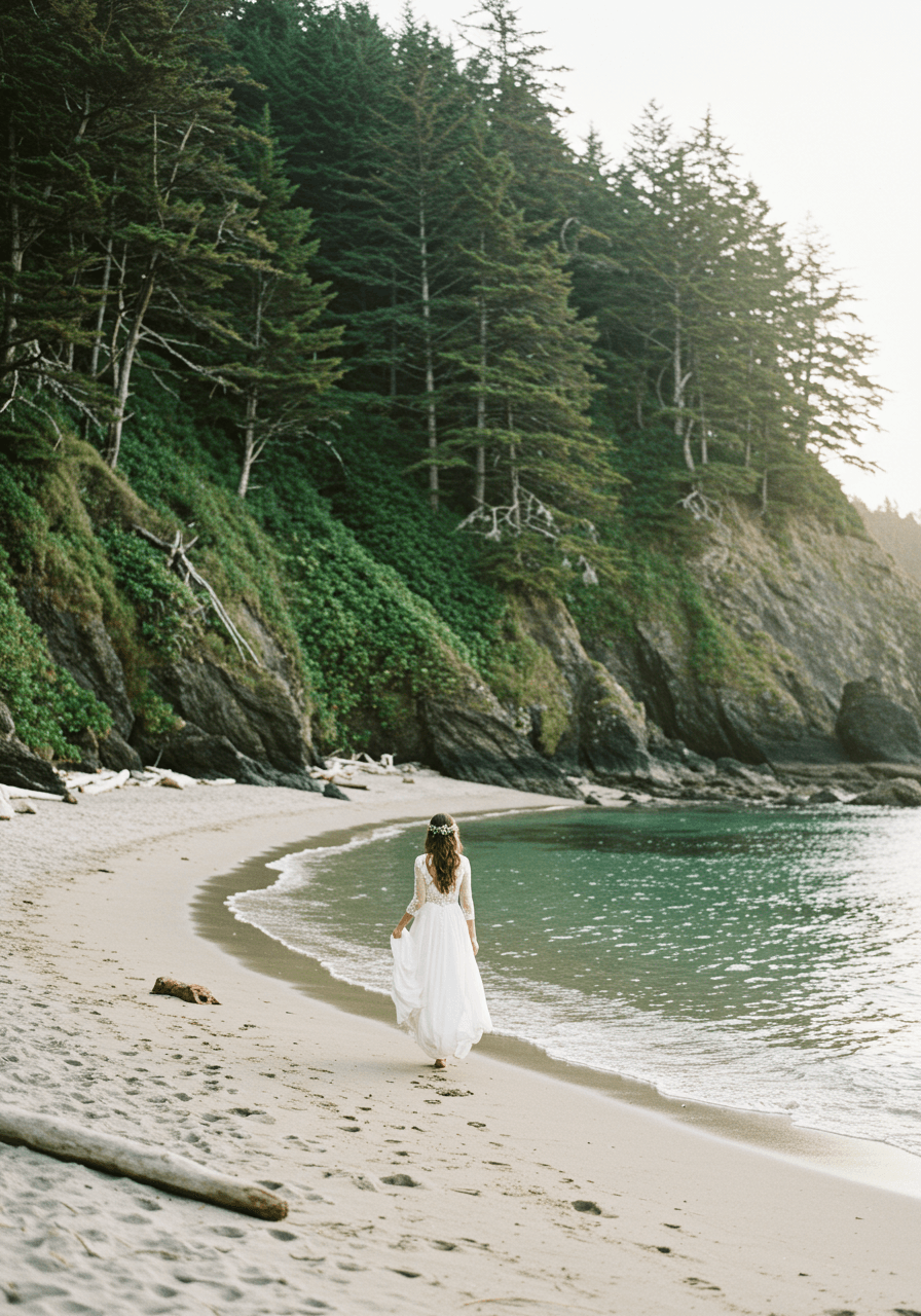 Bohemian bride walking along pristine sandy beach surrounded by towering sea cliffs in protected cove