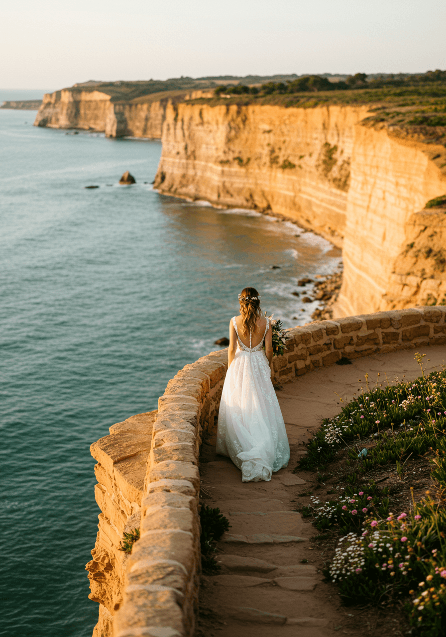 Bohemian bride walking along edge of rustic sandstone terrace with sweeping coastal cliffs in background