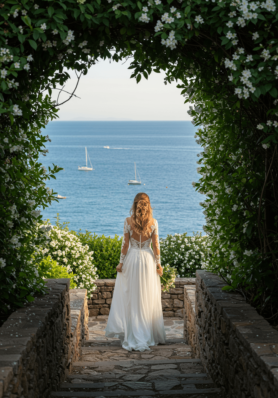 Bride walking through Mediterranean garden pathway with ocean glimpses and natural stone terracing