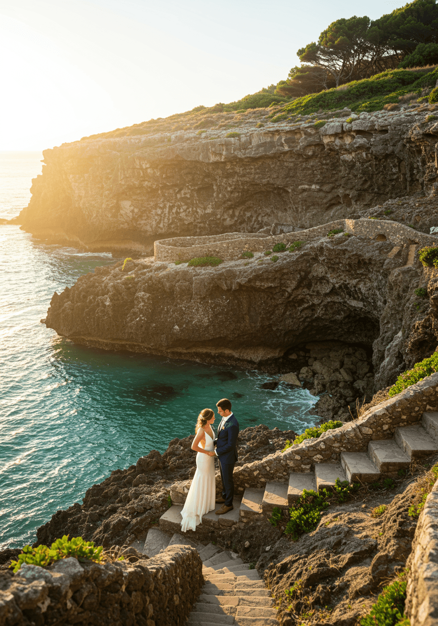 Wedding couple on weathered stone steps carved into dramatic cliff walls of hidden cove with turquoise waters