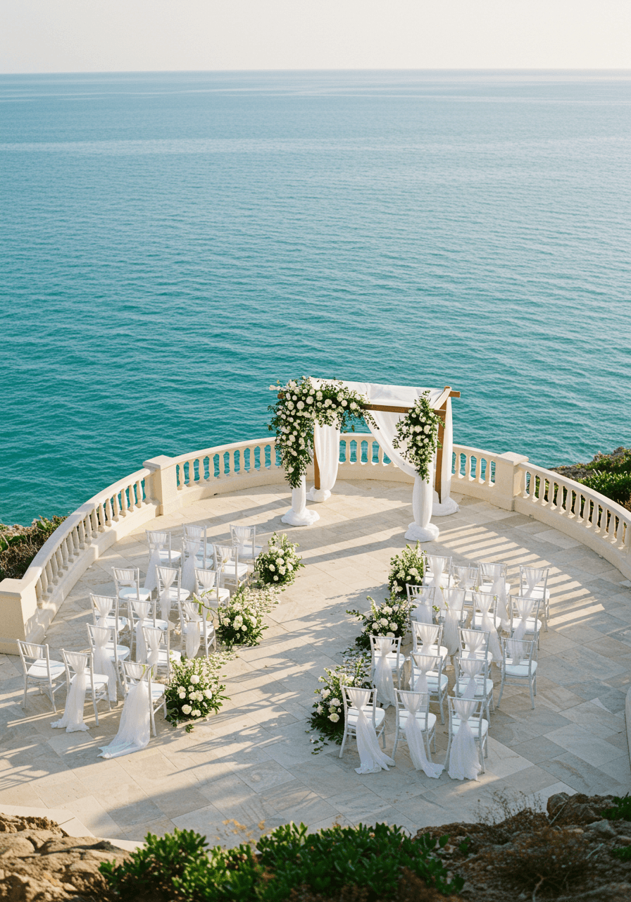 Elegant clifftop wedding ceremony setup with white chairs arranged facing ocean and coastal floral altar