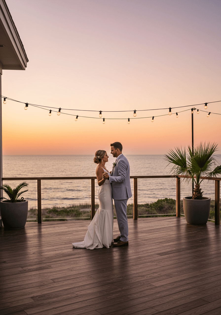 Wedding couple sharing first dance on spacious wooden deck during golden hour with ocean stretching to horizon